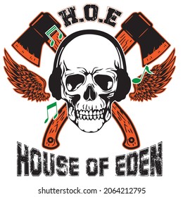 T-shirt design vector , skull, axe with wings for House of eden 