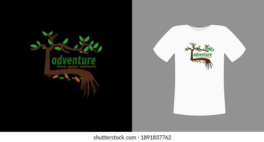 T-shirt design vector, with tree image on dark or light cloth with "adventure love the nature" text, customizable for different background colors