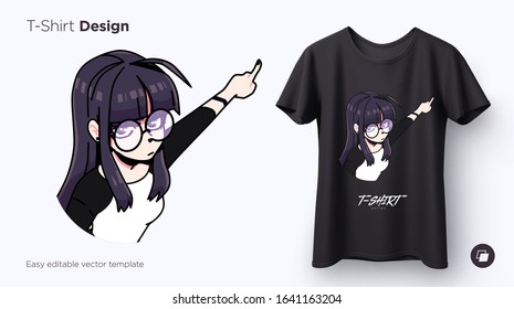 T-shirt design of very angry girl pointing away. Anime style illustration for t-shirts, posters, sweatshirts and souvenirs. Vector