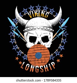 Diseño de camisetas de un cráneo viking con un círculo de estrellas y letras sobre un fondo negro.
