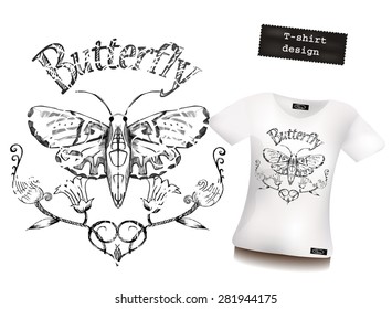 T-shirt design with vintage prints butterfly, flowers, and letters