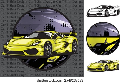 T-shirt design with vintage sports car image, vector, editable.