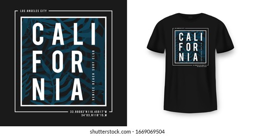 T-shirt design in vintage style with palm leaves texture. California typography with slogan for shirt print. Black t-shirt mockup with graphic print. Vector