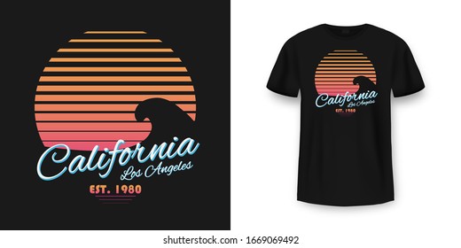 T-shirt design in vintage style with sun and ocean wave texture. California typography with slogan for shirt print. Black t-shirt mockup with graphic print. Vector