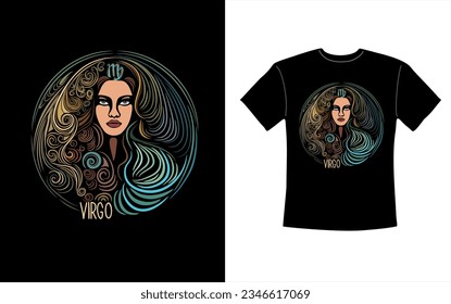 T-shirt design with Virgo zodiac sign. Virgo Zodiac symbol with beautiful girl hand drawn vector colorful illustration on black background. Astrological contemporary art, magic female character.