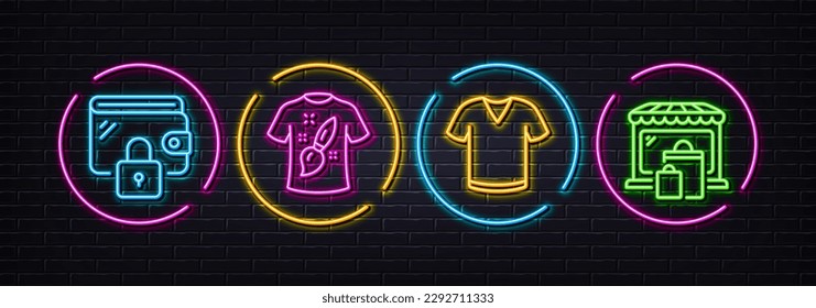 T-shirt design, T-shirt and Wallet minimal line icons. Neon laser 3d lights. Market icons. For web, application, printing. Painting, Short sleeves shirt, Locked money purse. Shopping bags. Vector