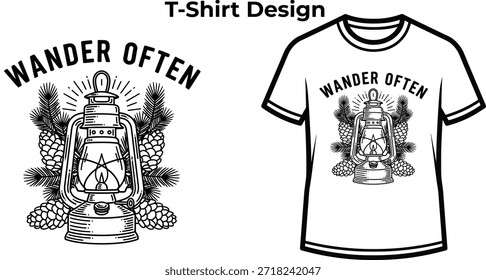 T-Shirt-Design von Wander oft Typografie mit Camping-Laterne für Reise-Logo, Outdoor-Abenteuer-Wanderabzeichen, erkunden Licht Emblem und einzeln auf transparenter Vintage-Grafik-Illustration
