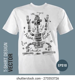 T-shirt design. Watercolor hand-drawing graphic Robot. Eps10.