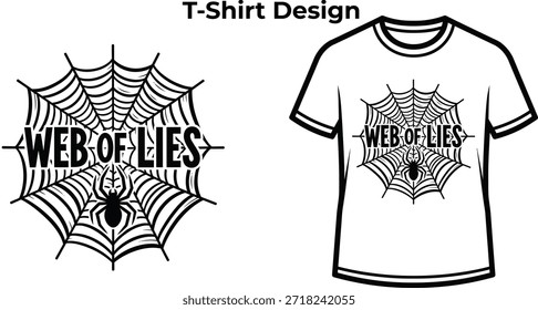 T-Shirt-Design von Web of Llies Typografie mit Spinnennetz für Halloween-Logo, gespenstische Insektenfalle Abzeichen, gruselige Natur Emblem und einzeln auf transparenter Horror Grafik Illustration