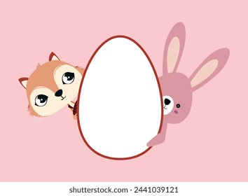 T-shirt design of a white Easter egg with a rabbit and a squirrel peeking out on a pink background..stkEaster