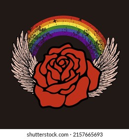 T-shirt design of a winged flower with a rainbow. Vector illustration for gay pride day.