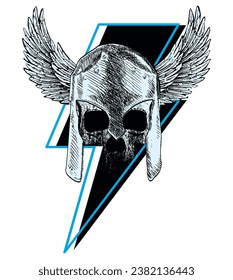 T-shirt design of a winged greek helmet with the symbol of thunderbolt isolated on white. 