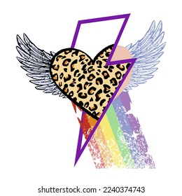 T-shirt design of a winged heart with animal print, a rainbow and the symbol of thunder