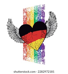 T-shirt design of a winged heart with the colors of the German flag. Vertical rainbow. Illustration for gay pride day in a European country.