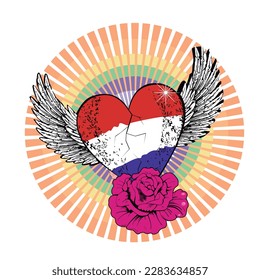 T-shirt design with a winged heart with the colors of the Russian Federation flag and a pink flower. vector illustration about Slavic patriotism.