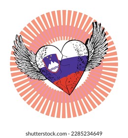 T-shirt design of a winged heart with the colors of the flag of the Republic of Slovenia. circular design.