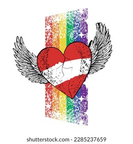 T-shirt design of a winged heart with the colors of the Austrian flag. red and white heart. Vector illustration for gay pride day