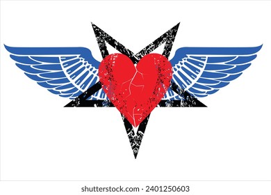 T-shirt design of a winged heart next to a five-pointed star. Good illustration for satanic love.