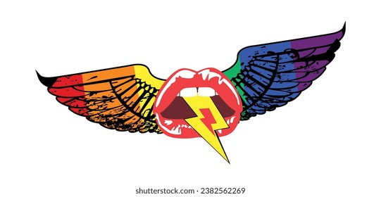 T-shirt design of winged lips with the symbol of thunder. Good illustration for gay pride day.