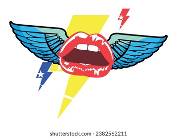 T-shirt design with winged red lips next to the thunderbolt symbol.