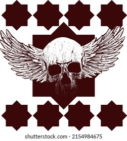 T-shirt design of a winged skull inside black squares. Vector illustration with decorative squares of Islamic culture.