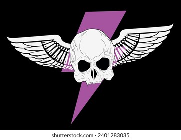 T-shirt design of a winged skull next to the thunder symbol isolated on black. Satanic illustration.