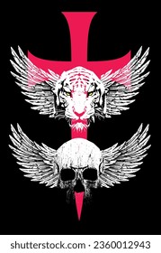 T-shirt design of a winged skull and a tiger head on a large medieval cross on a black background. Vector illustration about fantastic creatures and medieval deeds.