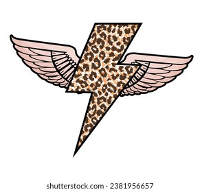 T-shirt design of a winged thunder symbol in animal print.