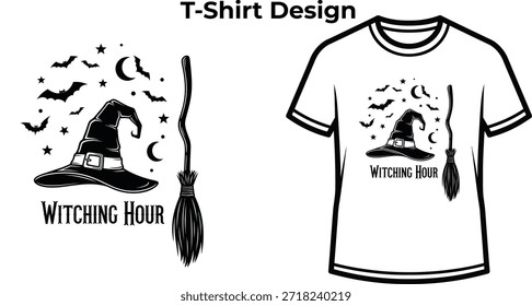 T-shirt design of Witching hour typography with magic hat and broom for halloween logo, spooky holiday badge, fantasy witch emblem and isolated on transparent horror graphic illustration