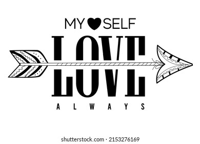 T-shirt design with the word Love and an indigenous arrow. Texts in capital letters with black letters on a white background.