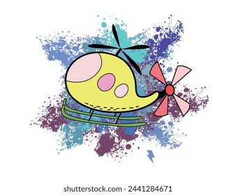 T-shirt design of a yellow helicopter on spots of color. Children's illustrations.