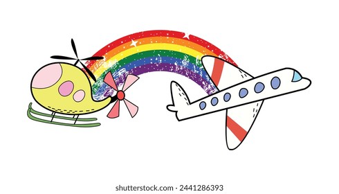 T-shirt design of a yellow helicopter and a plane united by a rainbow. Gay pride.