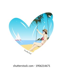 T-shirt design with young girl sitting on a swing on the beach.Typography graphics for apparel.Vector illustration.