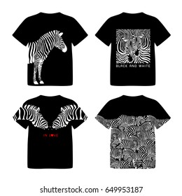 T-shirt design with zebra. Wild animal texture. Striped black and white. design trendy fabric texture, illustration.  Vector illustration. 