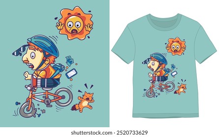 Design de camisetas. Um entregador de bicicleta sofreu um acidente porque seu pneu de bicicleta estava cheio de ilustrações