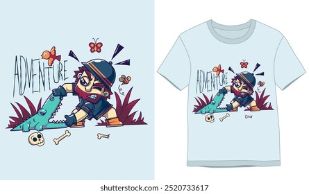 Diseños de camiseta. Valiente aventurero está abriendo la boca de un cocodrilo de la ilustración