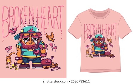 Diseños de camiseta. Un hombre con el corazón roto de la ilustración