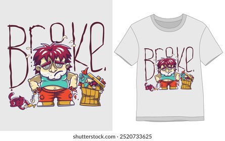 Tshirt Designs. Young sad poor homeless man of illustration