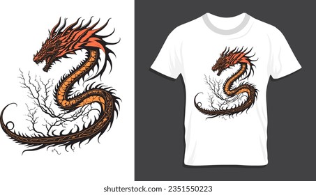  Camiseta con dragón, ilustración vectorial de camisetas y diseño artístico