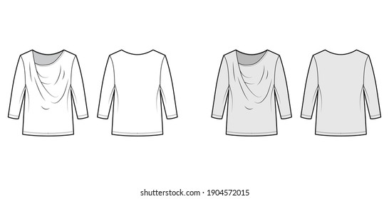 T-Shirt draped technical fashion illustration with long sleeves, tunic length, oversized. Apparel blouse top outwear template front, back, white, grey color. Women men unisex CAD mockup
