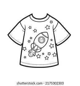 T-shirt with drawing cartoon rocket in space for boy outline for coloring on a white background