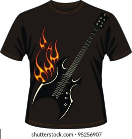 T-shirt with drawing in the form of a guitar on fire