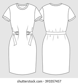 Tshirt Dress with Belt Detail. Fashion Illustration, CAD, Technical Drawing, Specification Drawing, Pen Tool, Editable.