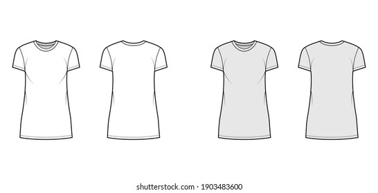 T-shirt dress technical fashion illustration with crew neck, short sleeves, mini length, oversized, Pencil fullness. Flat apparel template front, back, white, grey color. Women, men, unisex CAD mockup