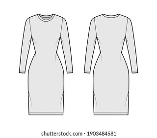 T-shirt dress technical fashion illustration with crew neck, long sleeves, knee length, slim fit, Pencil fullness. Flat apparel template front, back, grey color. Women, men, unisex CAD mockup