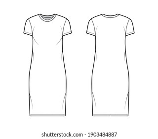 T-shirt dress technical fashion illustration with crew neck, short sleeves, knee length, oversized, Pencil fullness. Flat apparel template front, back, white color. Women, men, unisex CAD mockup