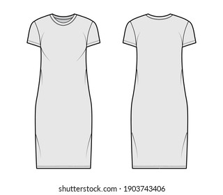 T-shirt dress technical fashion illustration with crew neck, short sleeves, knee length, oversized, Pencil fullness. Flat apparel template front, back, grey color. Women, men, unisex CAD mockup