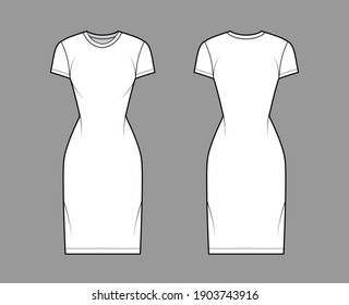 T-shirt dress technical fashion illustration with crew neck, short sleeves, knee length, slim fit, Pencil fullness. Flat apparel template front, back, white color. Women, men, unisex CAD mockup