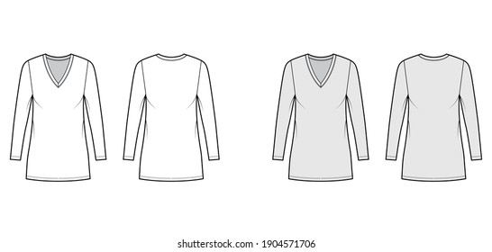 T-shirt dress technical fashion illustration with V-neck, long sleeves, mini length, oversized body, Pencil fullness. Flat apparel template front, back, white, grey color. Women, men unisex CAD mockup