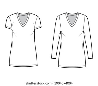 T-shirt dress technical fashion illustration with V-neck, long, short sleeves, mini length, oversized body, Pencil fullness. Flat apparel template front, white color. Women, men, unisex CAD mockup